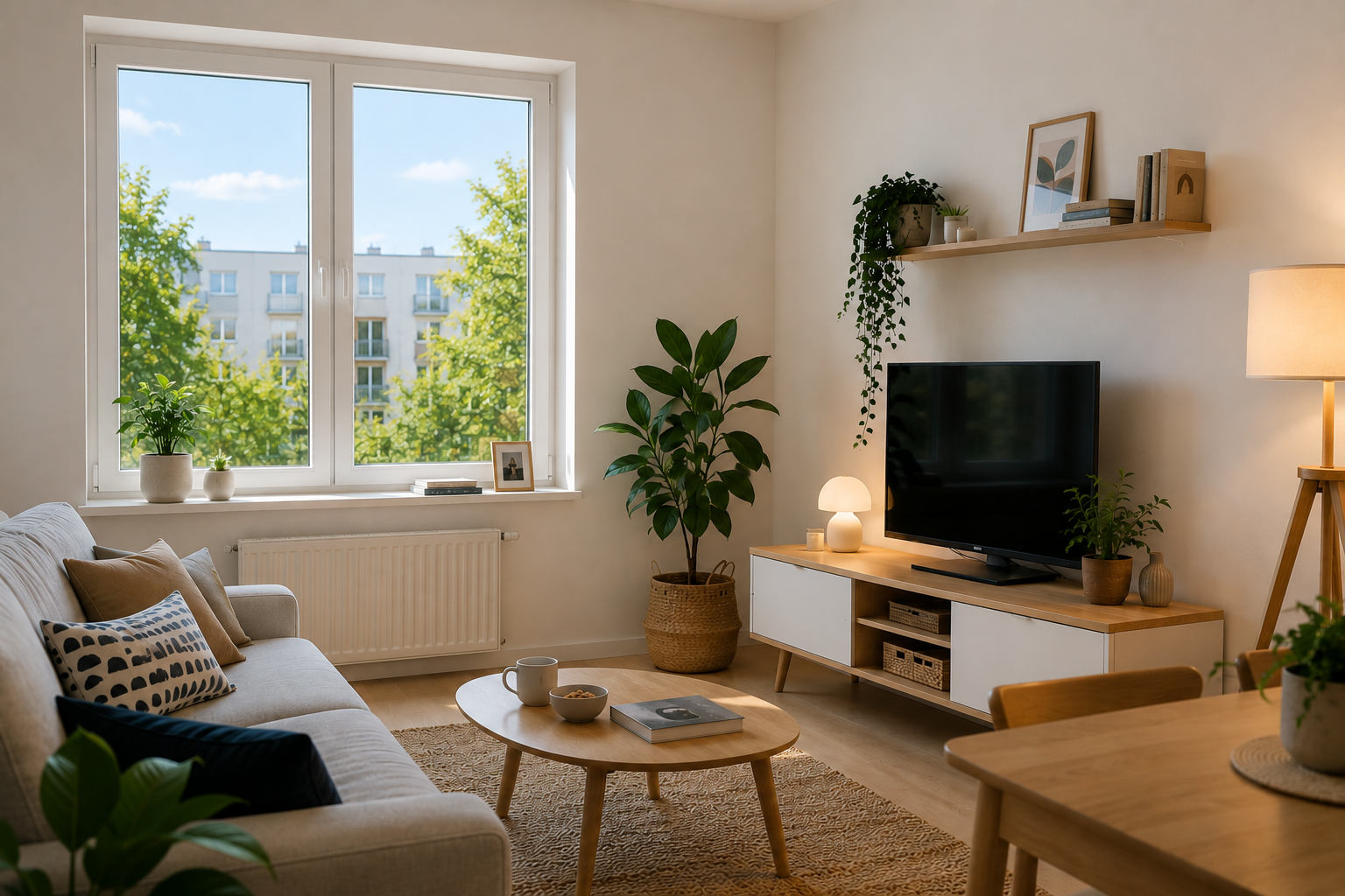 Jasny salon z oknami od północy lub wschodu